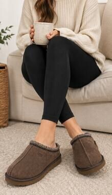 UGG Tasman Slippers women’s 7 Brown Suede Shearling Lined Clogs